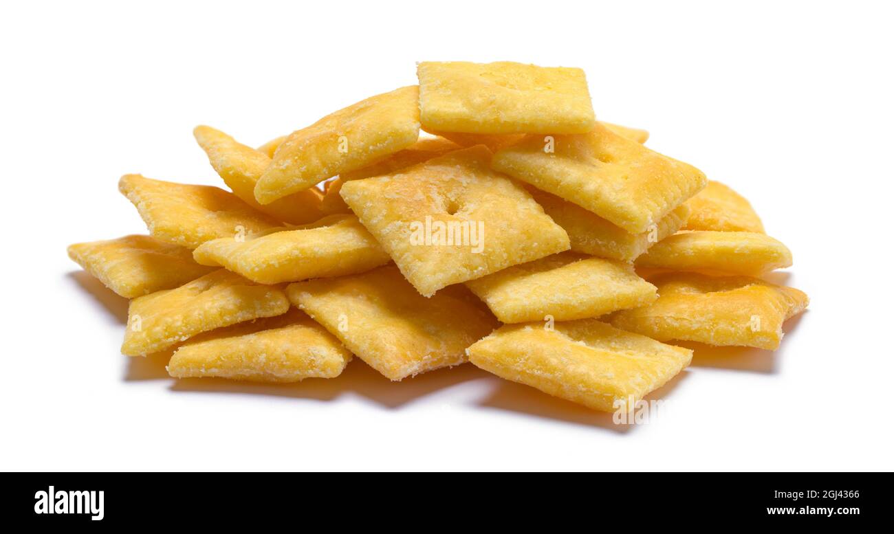 Square Cheese Crackers Cut Out on White Stock Photo Alamy