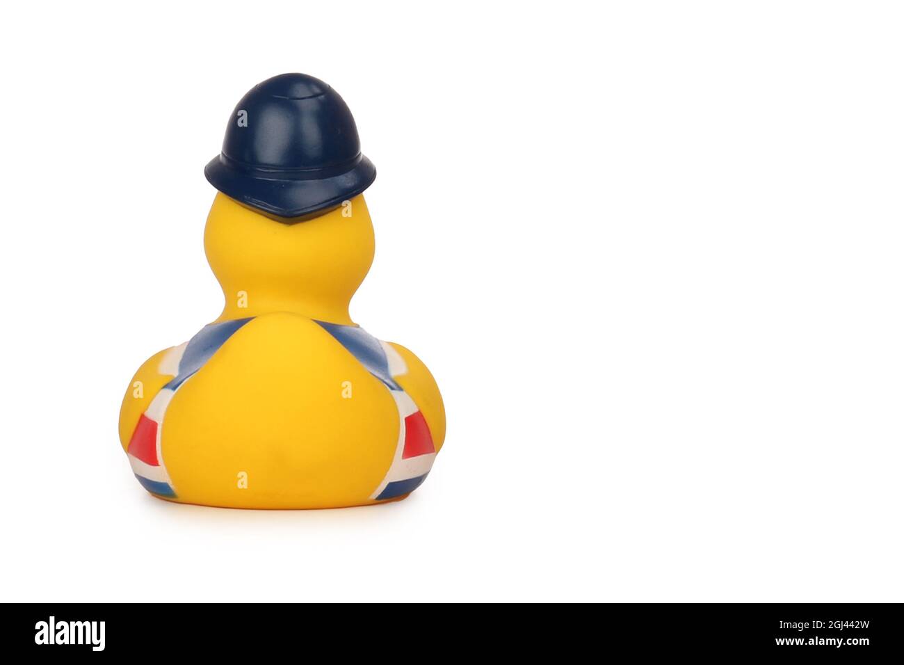 Back view of a bath toy duck with the British flag isolated on a white background Stock Photo