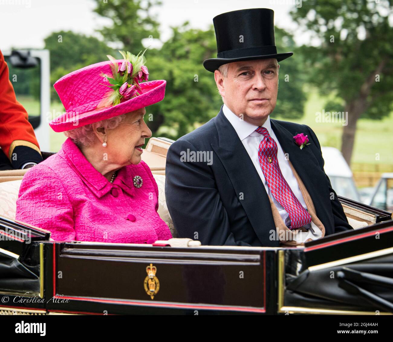 Windsor/England: June 22, 2017: Her Majesty Queen Elizabeth and son Prince Andrew, Duke of York, head to Royal Ascot in a landau carriage Stock Photo