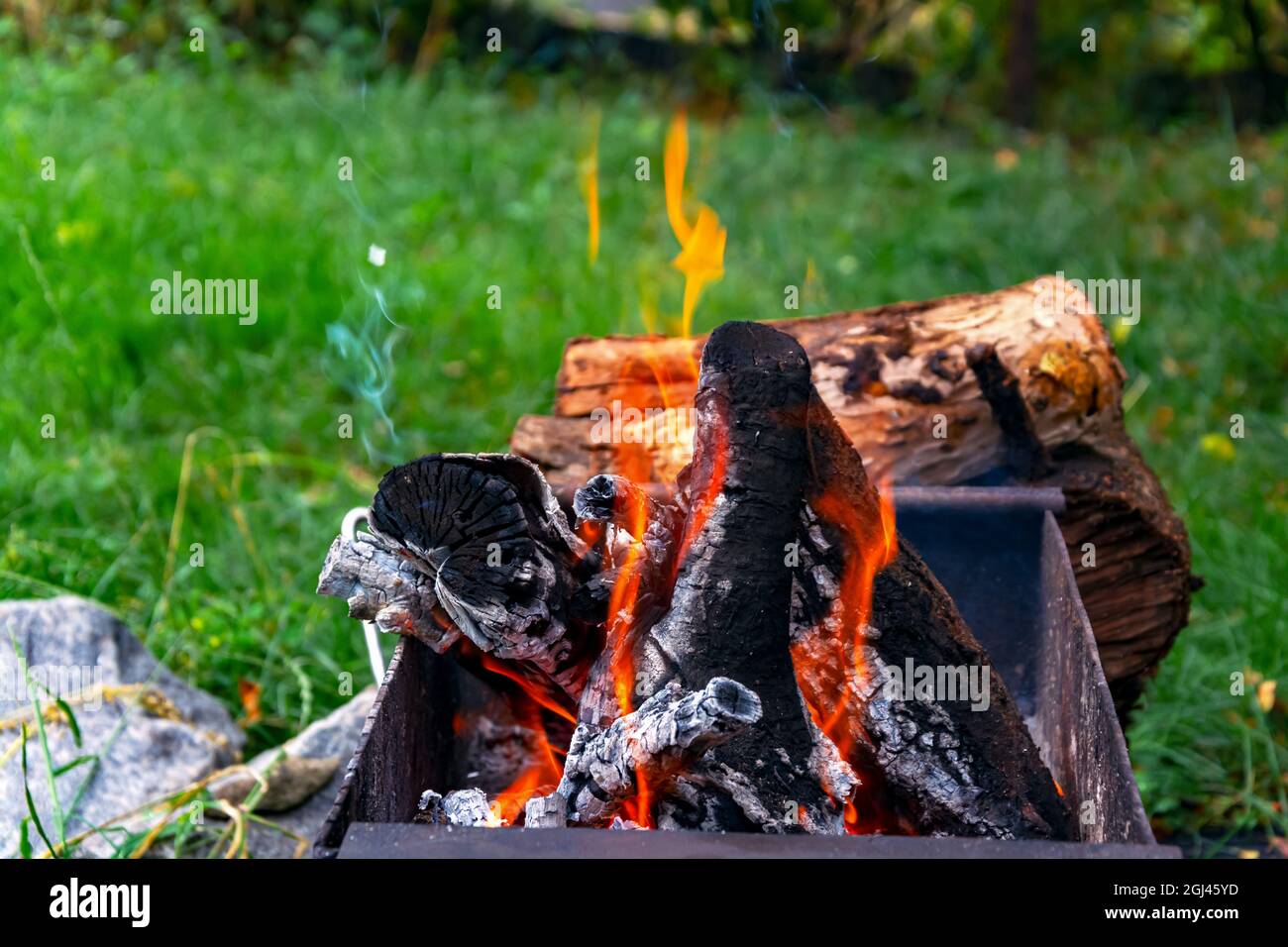 A burning bonfire of stacked oak firewood against a background of green grass with bright red flames and a small plume of smoke. For grilling, without people. Close-Up. Horizontal photo. Stock Photo