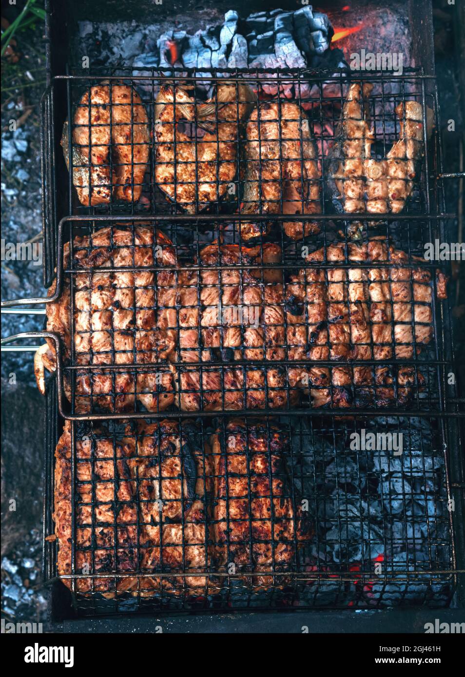 Steaks of red fish and pork chops, enveloped in light smoke, are cooked on hot coals on the grill. Vertical photo. Stock Photo