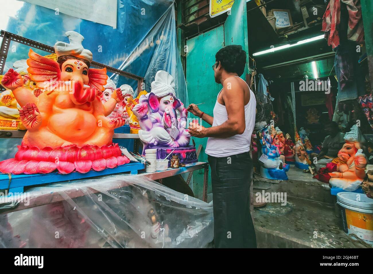 Ganesh idols being made at Kumartuli. According to Drikpanchang, this