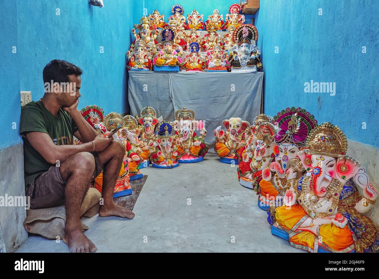 Kolkata, India. 08th Sep, 2021. Ganesh idols being made at Kumartuli