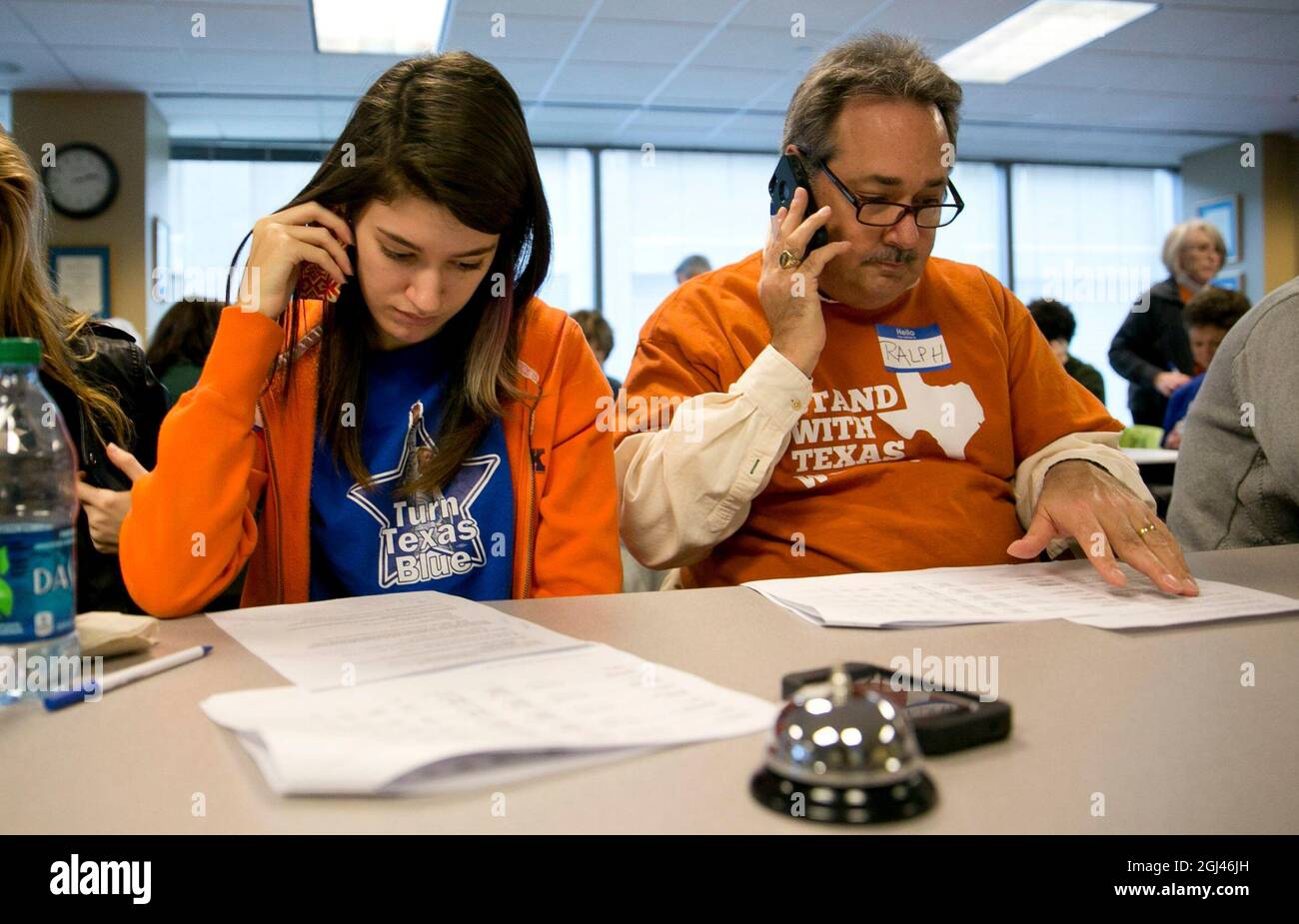Austin, Texas, USA. 23rd Nov, 2013. Volunteers for Battleground Texas and the state Democratic Party at a phone bank on November 23rd, 2013 making calls to potential voters. Battleground Texas formed in 2013 is attempting to ''turn Texas blue'' for Texas Governor candidate Wendy Davis (not shown) who gained national attention this summer with an 11-hour filibuster of legislation restricting access to abortion. (Credit Image: © Bob Daemmrich/ZUMA Press Wire) Stock Photo