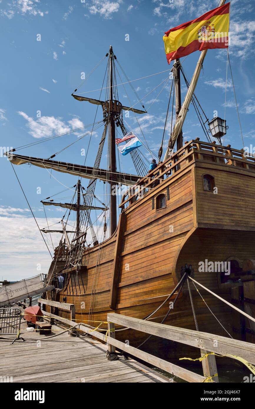 Nao Santa Maria is a 15th Century replica of Christopher Columbus' ship.  It is seen here docked in Ocean City, MD during the summer of 2021. Stock Photo