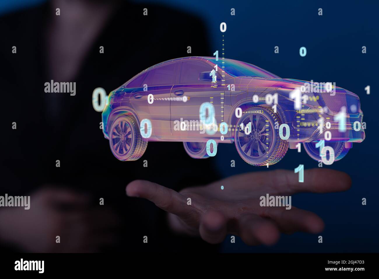 3D rendering of a purple holographic car floating in the air above a