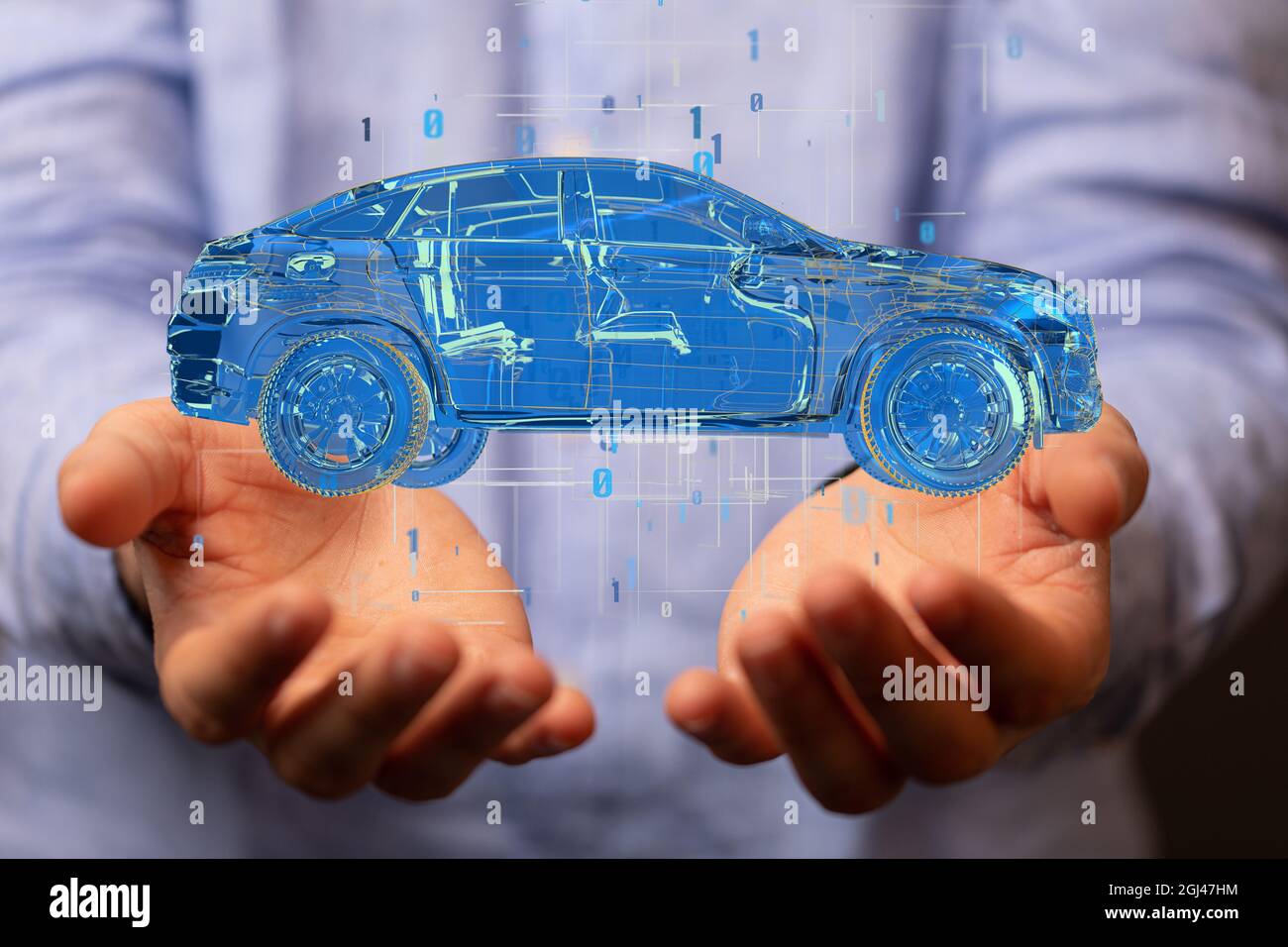 3D rendering of a blue car floating in the air with a man holding his