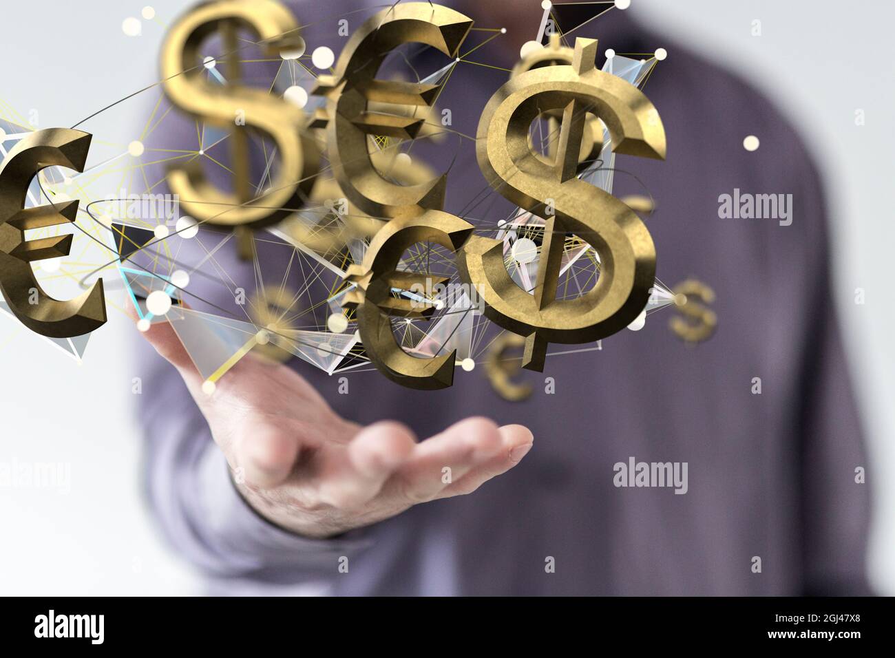 3D render of gold currency symbols floating in the air above a man's ...