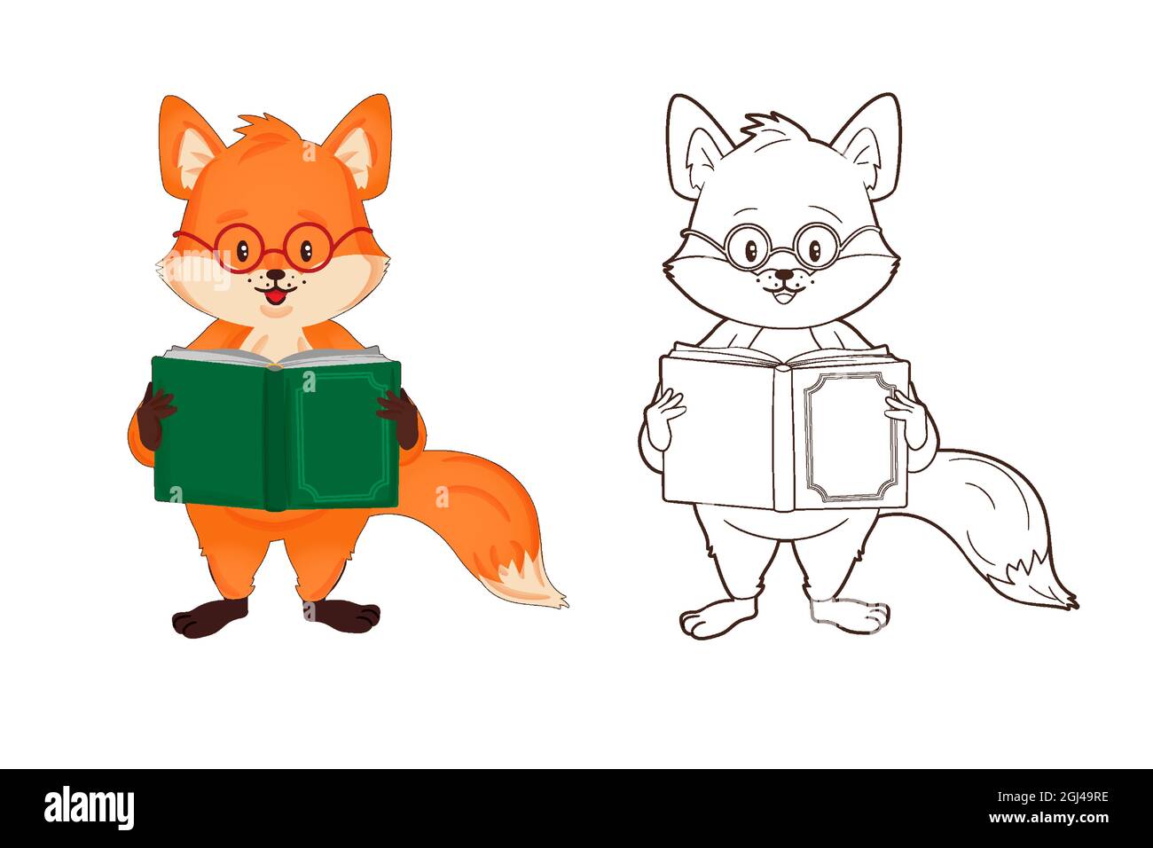 Coloring book, little red fox with glasses reads a book. Vector illustration in cartoon style, line art Stock Vector