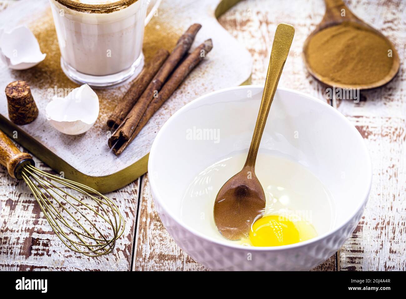 preparation of Christmas eggnog, Christmas drink recipe, with eggs