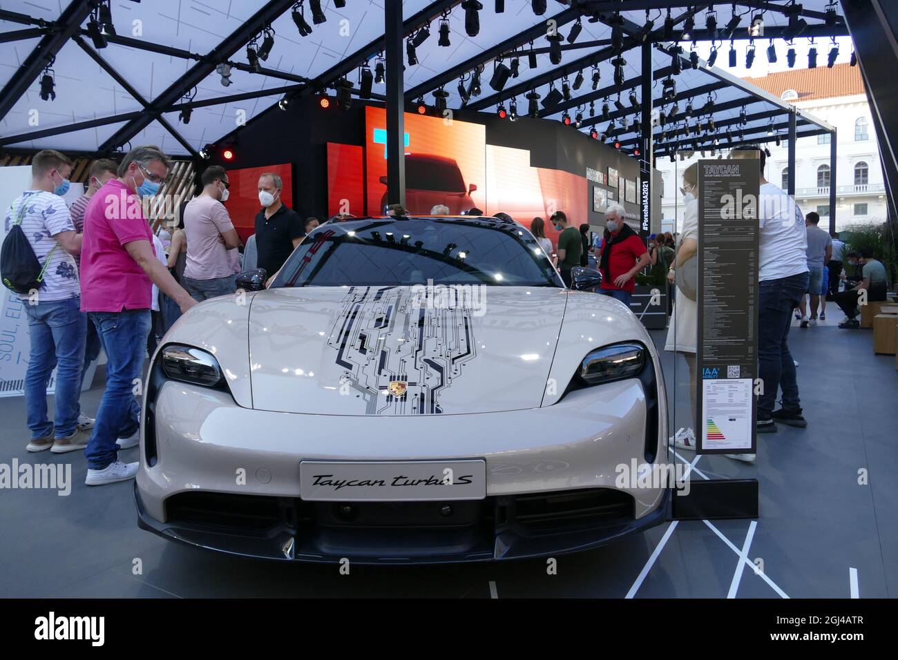 IAA internationale Automobilausstellung Münche. Porsche Taycan, electrified, exhibit. Stock Photo