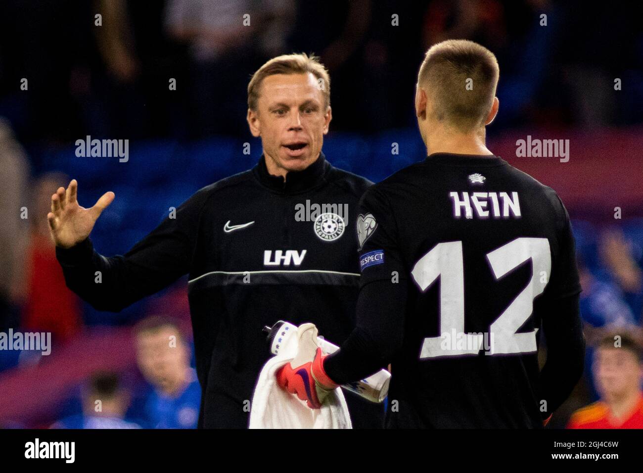 Cardiff, UK. 08th Sep, 2021. Estonia goalkeeper Karl Jakob Hein is congratulated at full time. Wales v Estonia in a 2022 FIFA World Cup Qualifier at the Cardiff City Stadium on the 8th September 2021. Credit: Lewis Mitchell/Alamy Live News Stock Photo
