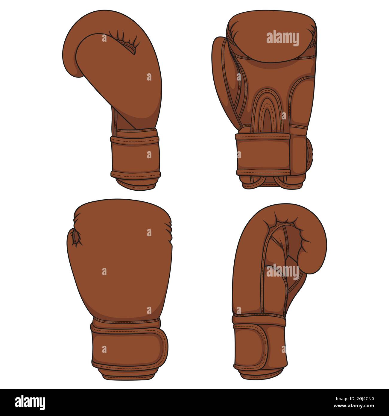 Set of illustrations with brown leather boxing gloves. Isolated vector objects on white. Stock Vector