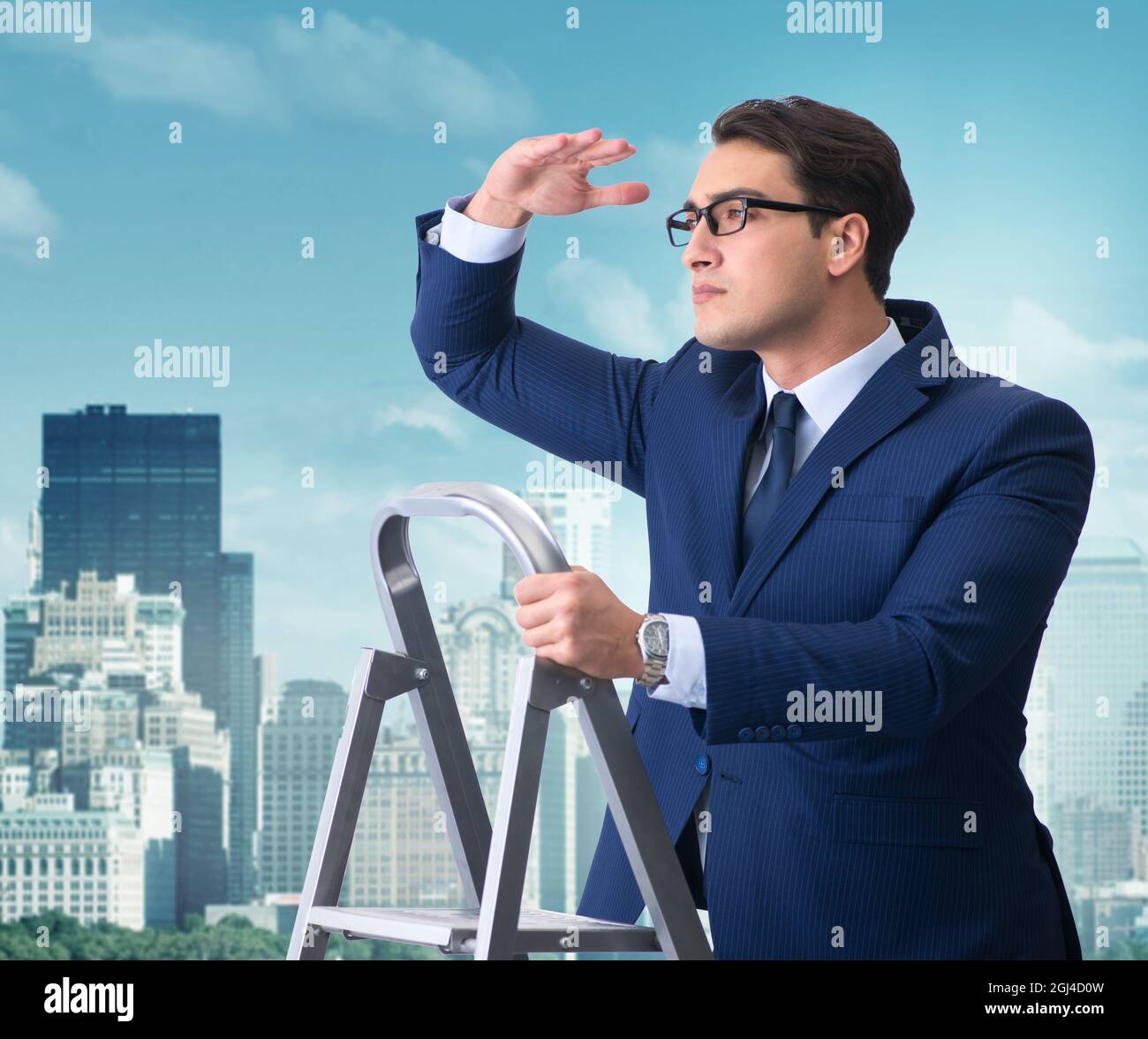 The businessman climbing ladder in business concept Stock Photo - Alamy