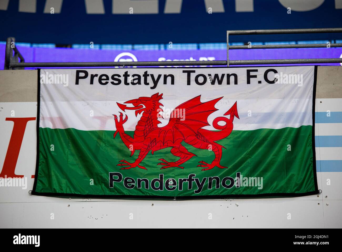 Cardiff, UK. 08th Sep, 2021. Prestatyn Town FC flag ahead of the game ...