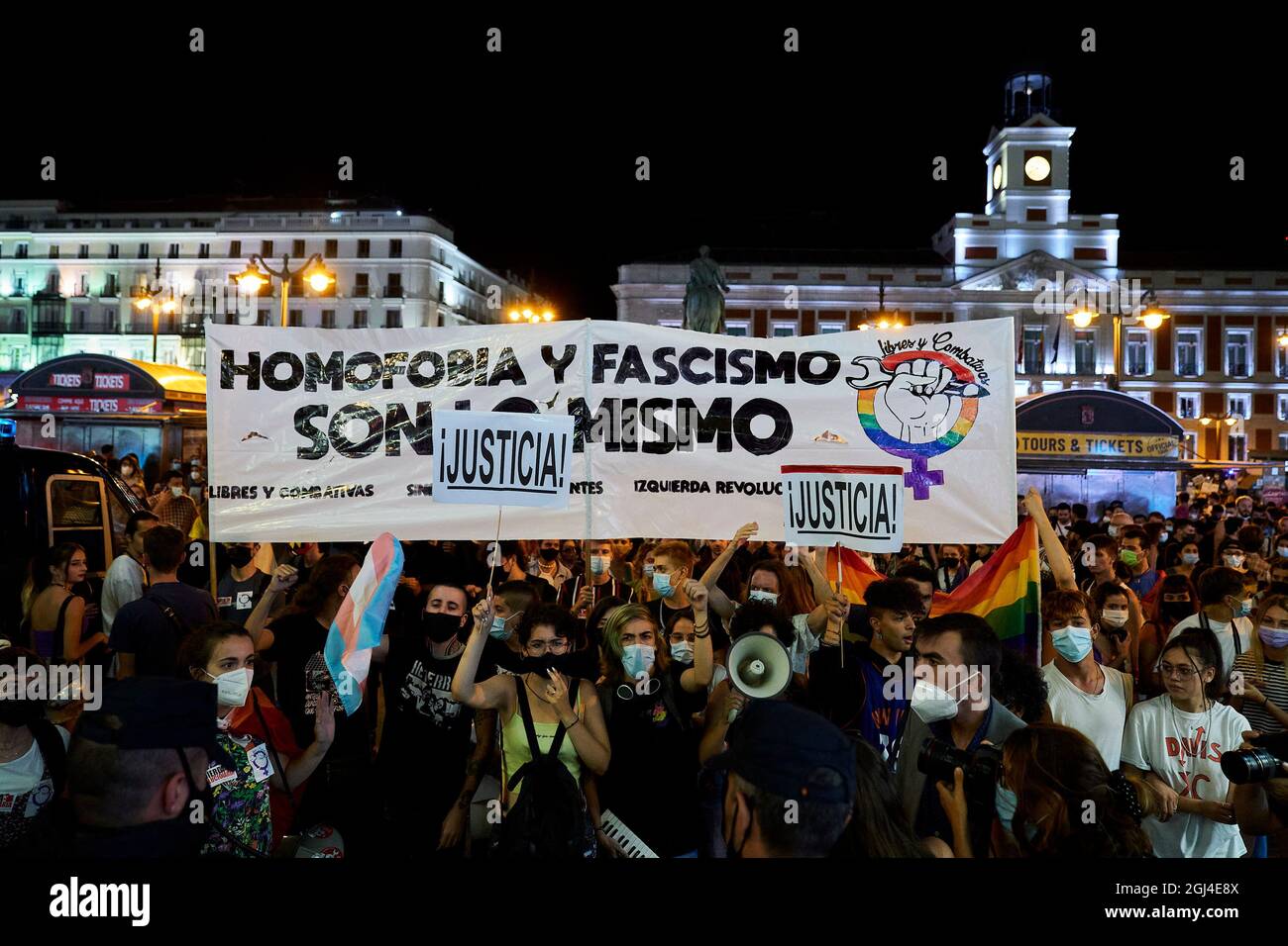 Madrid, Madrid, Spain. 8th Sep, 2021. A crowd of protesters hold a banner with the slogan 'Homofobia y Fascismo es lo mismo'' (Homophobia and fascism is the same) during the demonstration against homofobic violence at Puerta del Sol in Madrid, Spain. The demonstration has been called after several homophobic attacks in different cities of Spain. (Credit Image: © Angel Perez/ZUMA Press Wire) Credit: ZUMA Press, Inc./Alamy Live News Stock Photo