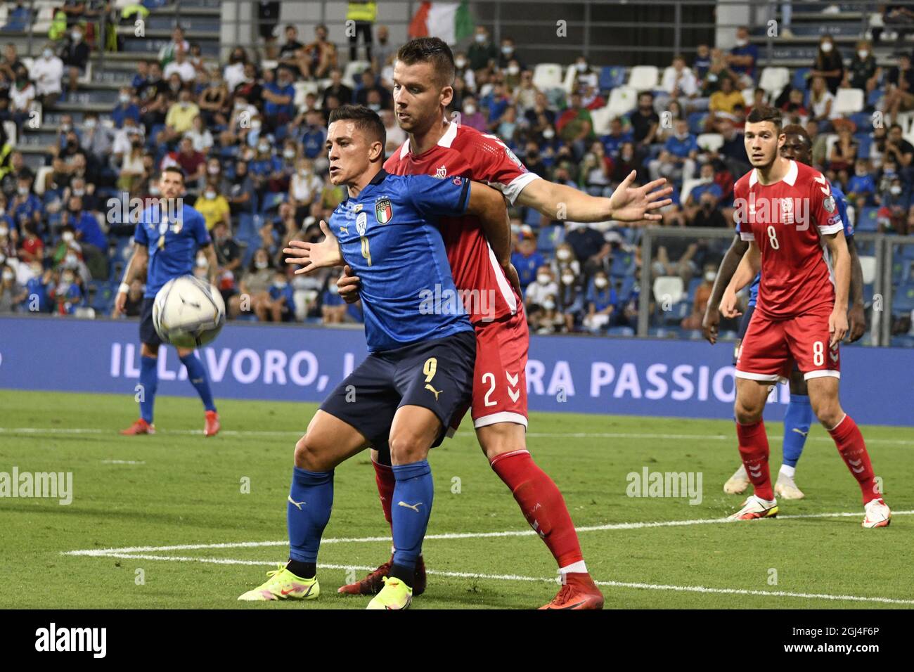 Reggio Emilia, Italy, 8th Sep 2021. Giacomo Raspadori (Italy)Linas  Klimavicius (Lithuania) during the Fifa World Cup Qatar 2022 qualifying  match between Italy 5-0 Lithuania at Mapei Stadium on September 8, 2021 in