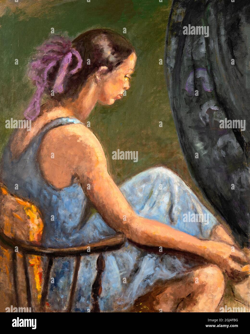Original oil painting portrait of young woman sitting on a chair. Stock Photo