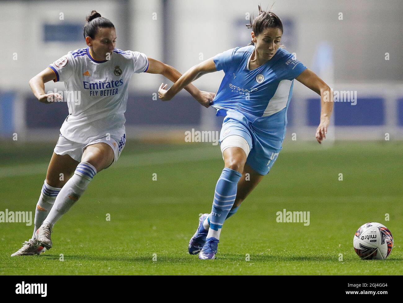 Manchester, England, 8th September 2021.  Aurelie Kaci of Real Madrid Women challenges Vicky Losada of Manchester City Women during the UEFA Womens Champions League match at the Academy Stadium, Manchester. Picture credit should read: Darren Staples / Sportimage Credit: Sportimage/Alamy Live News Stock Photo