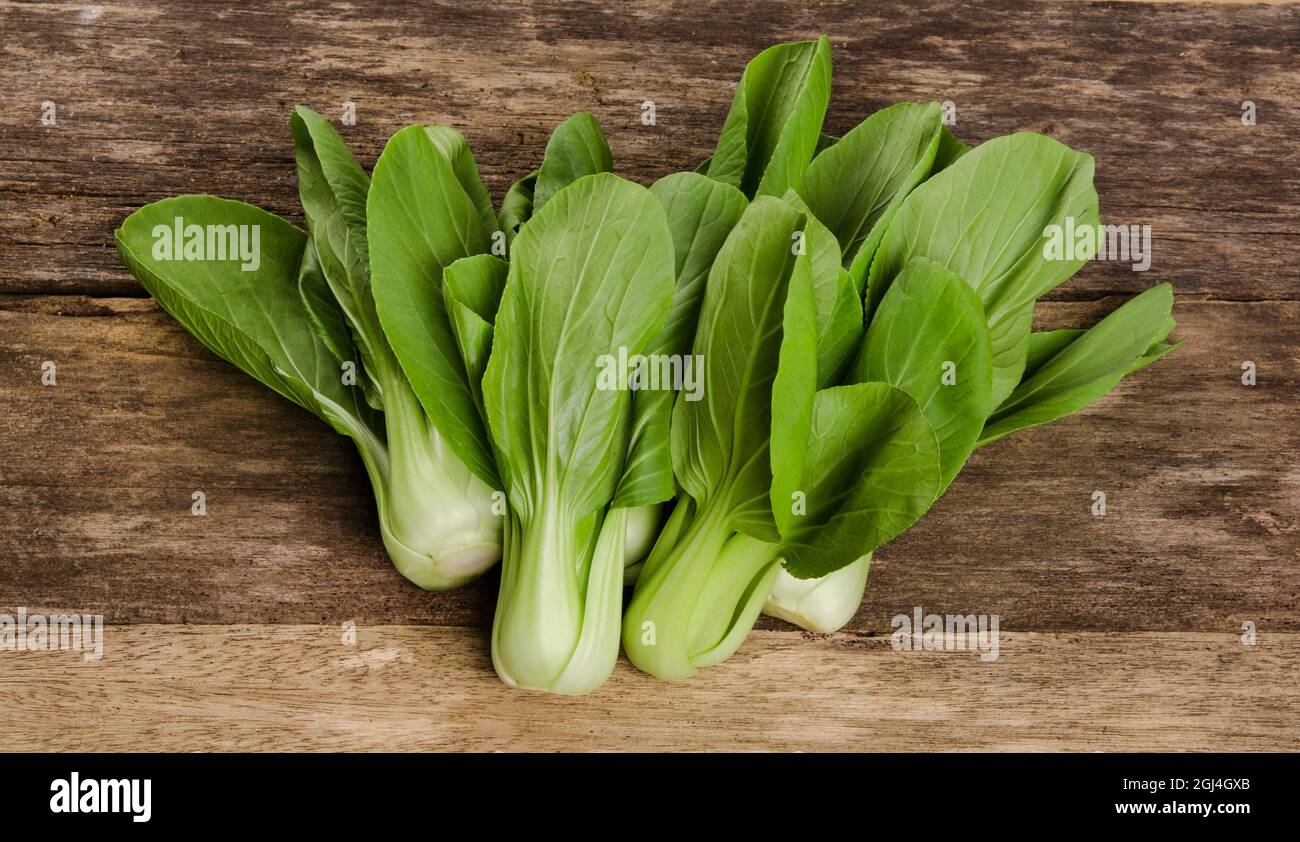 Top view of Overhead shot of Chinese cabbage, Bok Choy, on rustic wood Stock Photo