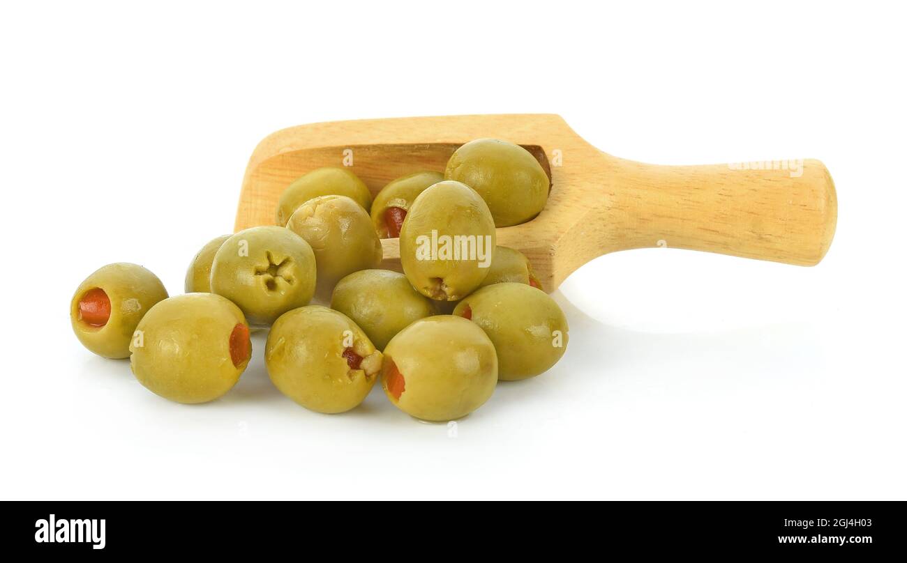 Green Olives Stuffed With Pimiento Paste isolated on white background