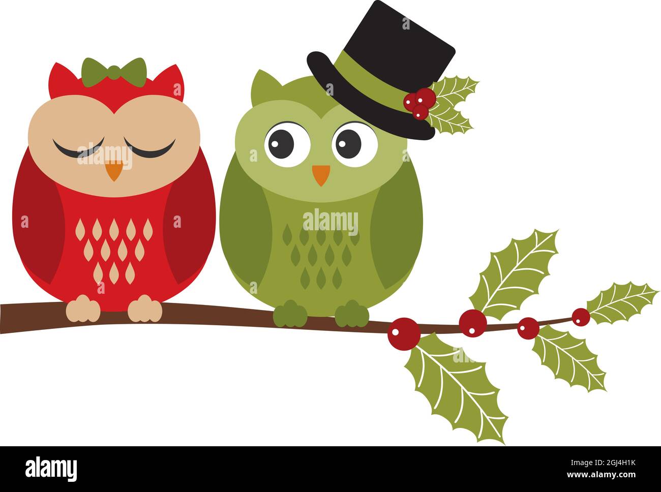 Cute Owls in Love Sitting on Holly Branch. Vector Christmas Owls Stock ...