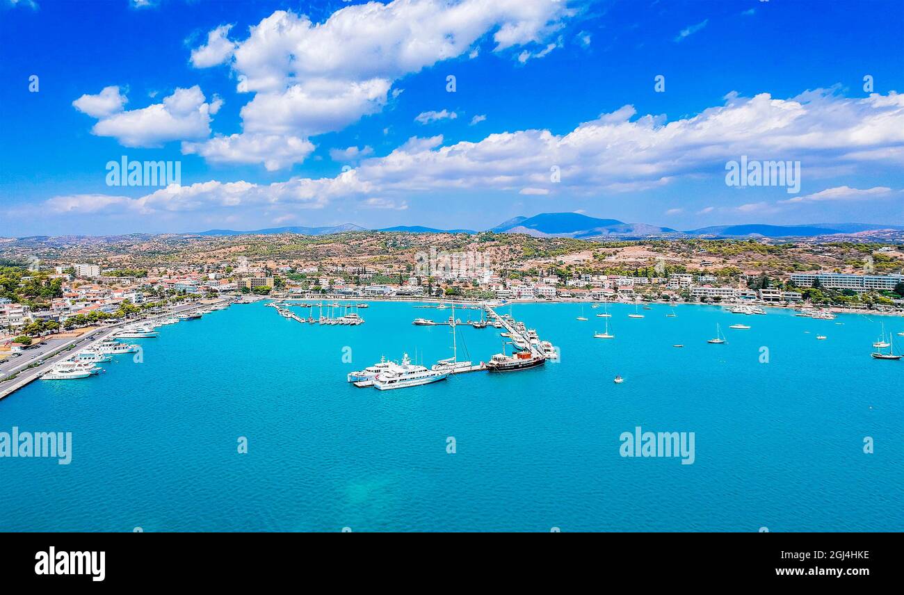 Aerial view over Porto Cheli, a summer resort town in the municipality of Ermionida in the southeastern part of Argolis, Greece Stock Photo