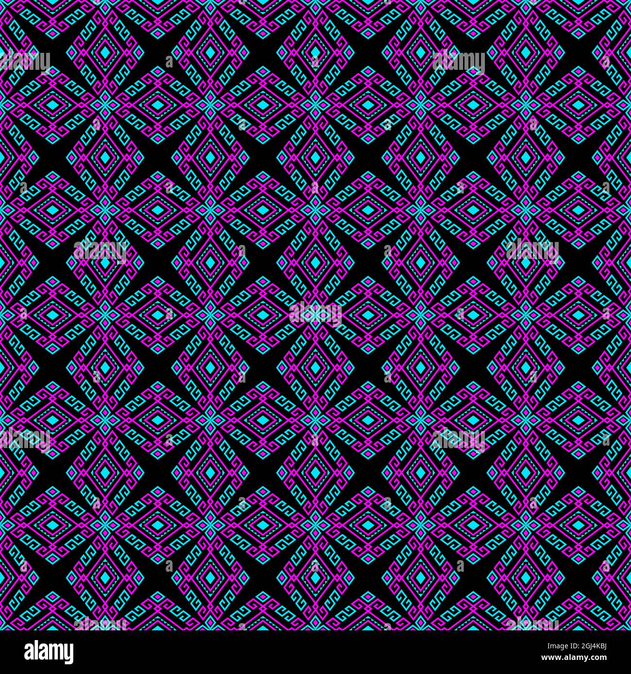 Magenta Turquoise Tribal or Native Seamless Pattern on Black