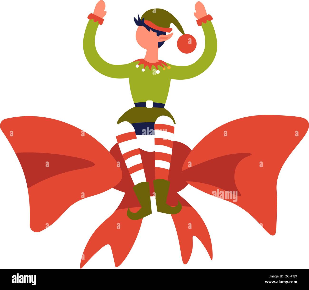 Elf boy character sitting on big ribbon bow vector Stock Vector