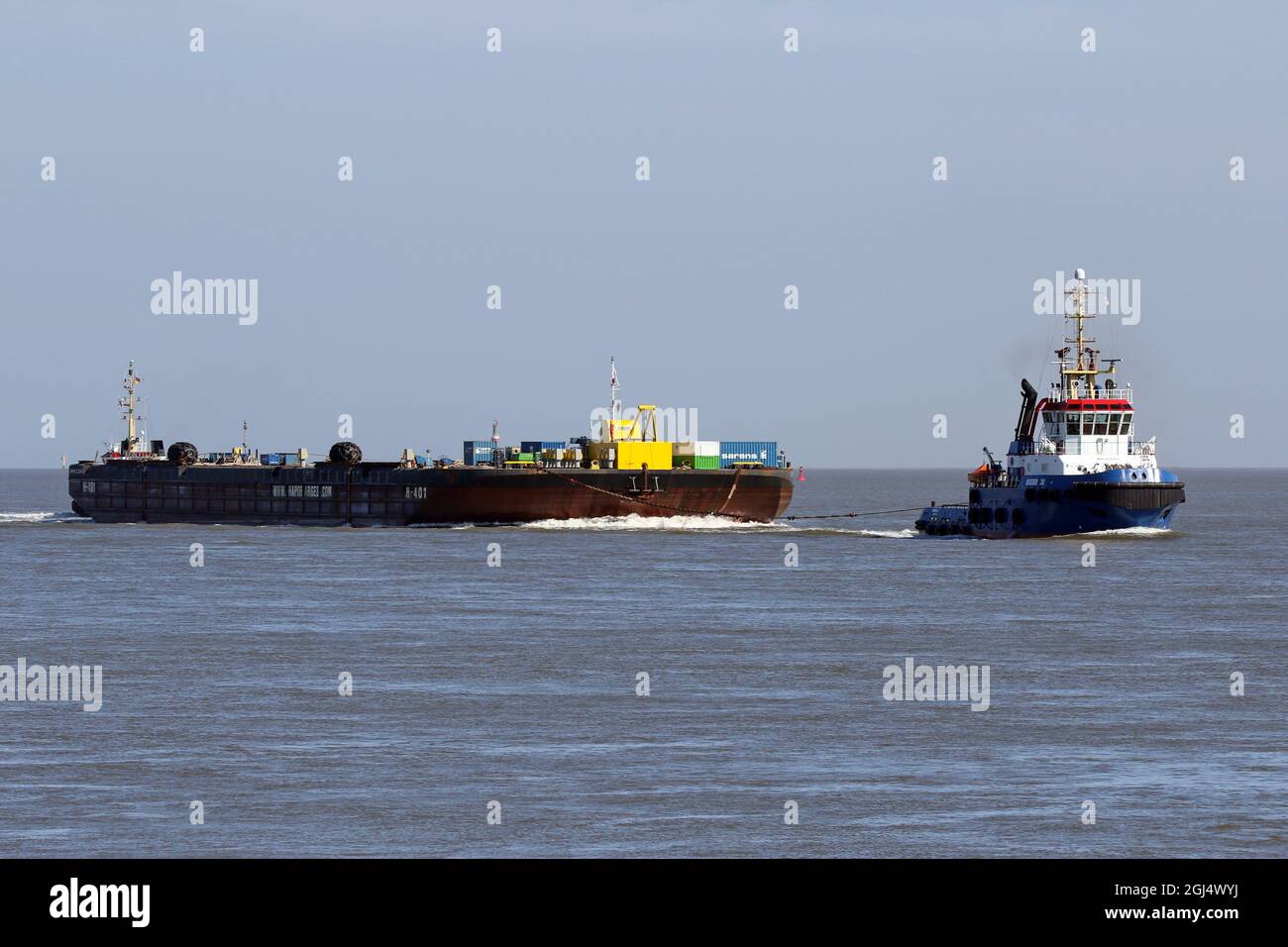 The offshore tug Bugsier 30 will pass Cuxhaven on June 14, 2021 on its way to Hamburg. Stock Photo