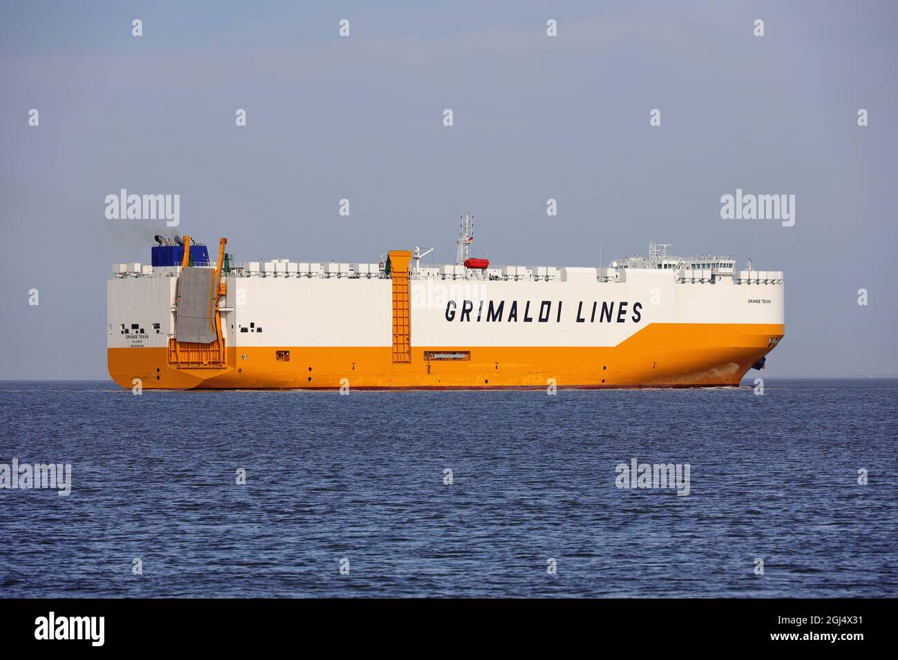 The car carrier Grande Texas will pass Cuxhaven on June 14, 2021 on its way to Hamburg. Stock Photo