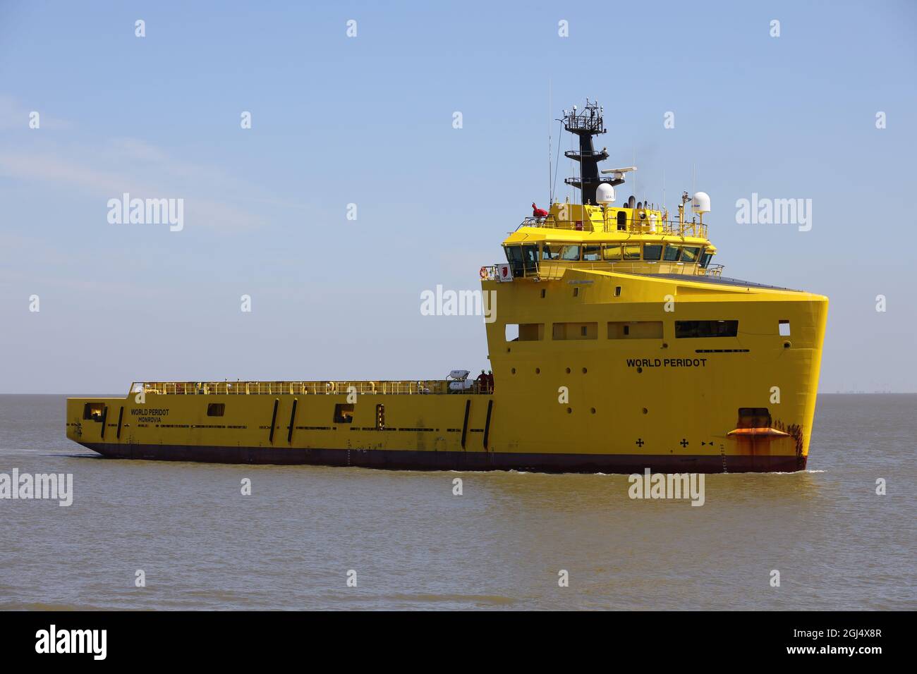 The offshore supplier World Peridot will reach the port of Cuxhaven on June 14, 2021. Stock Photo
