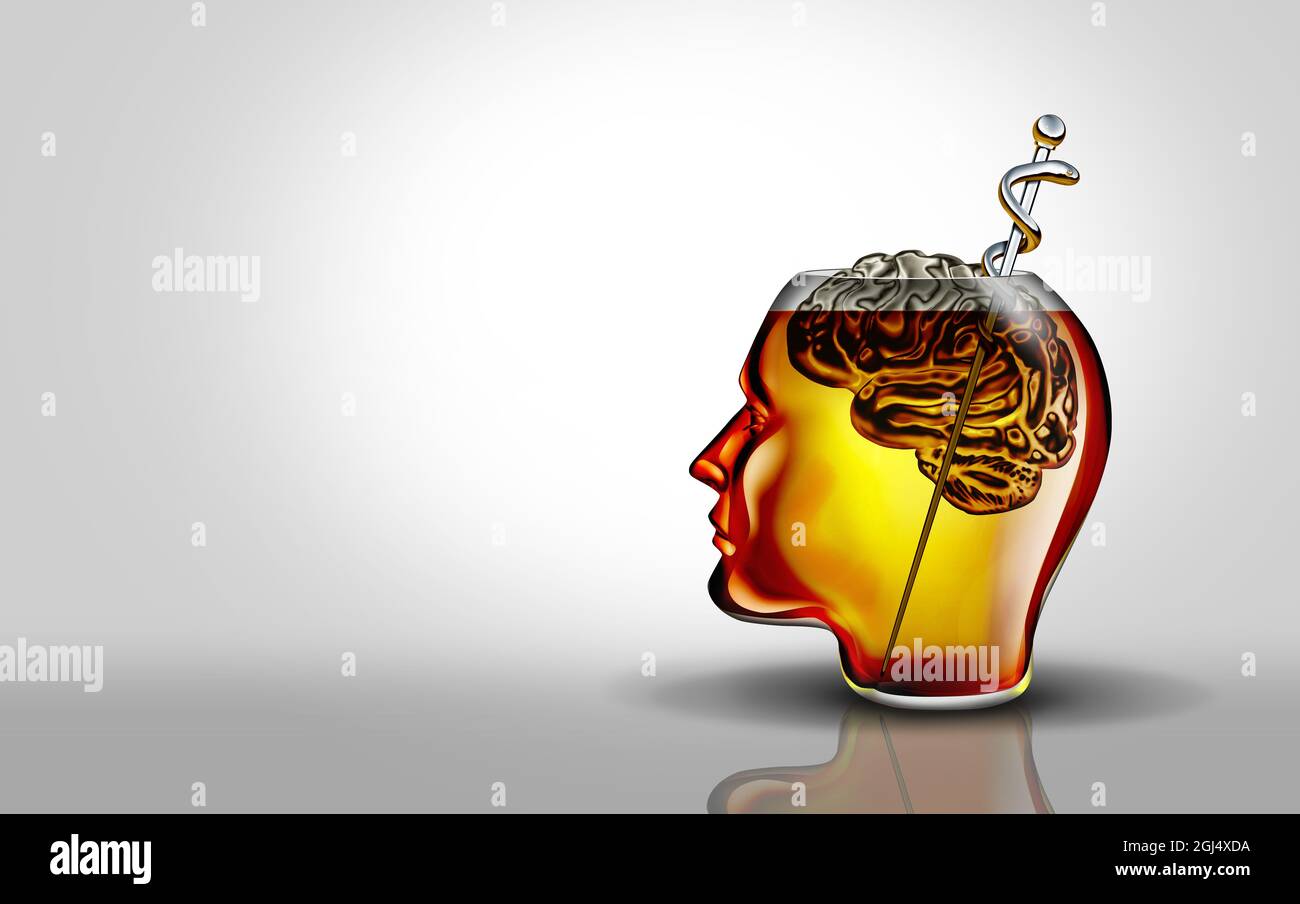 Concept of alcoholism and alcohol abuse addiction psychology as a glass shaped as a human head with an ice cube brain symbol representing drinking. Stock Photo