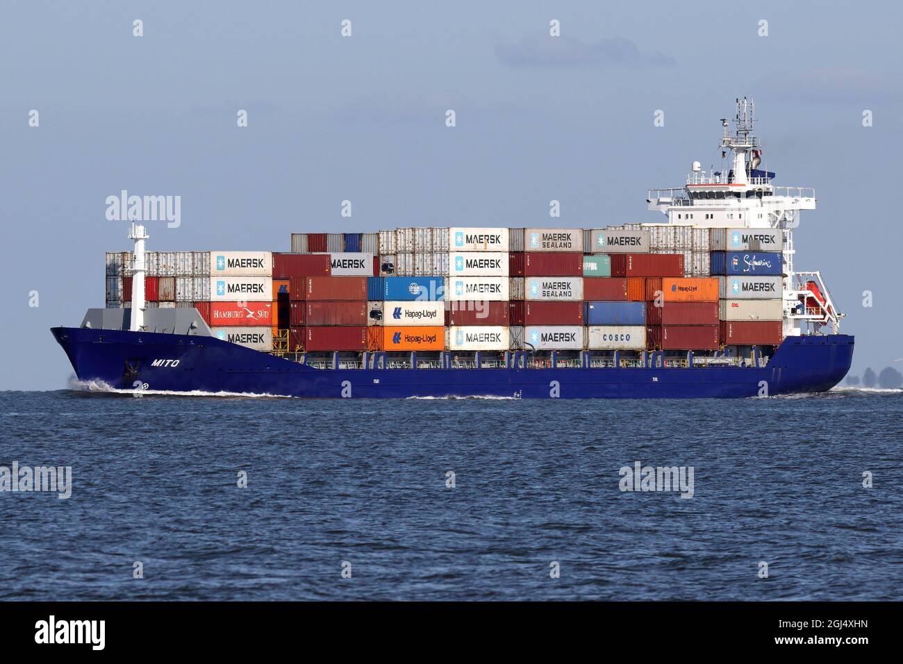 The feeder ship Mito will pass Cuxhaven on June 15, 2021 on its way to the North Sea. Stock Photo