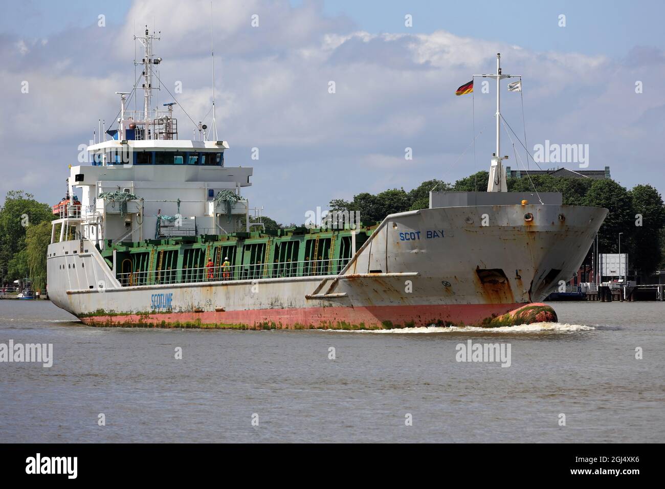 The cargo ship Scot Bay leaves the Brunsbüttel lock on June 15, 2021. Stock Photo