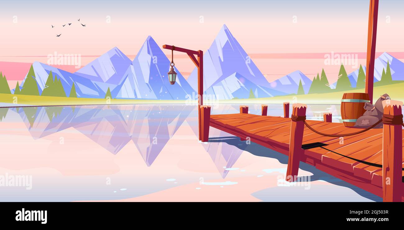 Wooden pier on lake, pond or river morning landscape, wharf with ropes, lantern, barrel and sacks on mountains background with birds flying in pink sky above water surface. Cartoon vector illustration Stock Vector