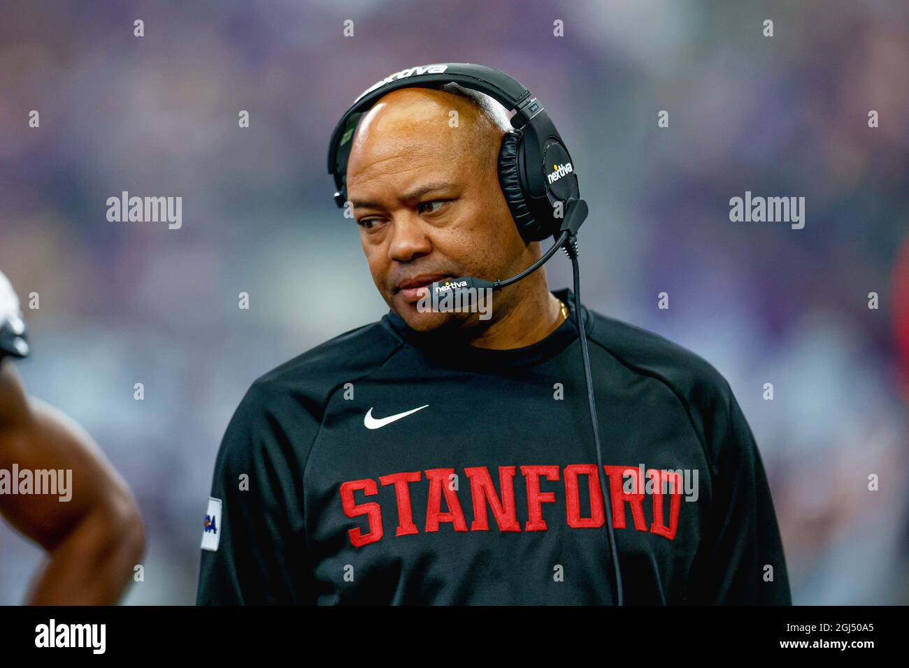 Stanford Cardinal head coach David Shaw looks from the sidelines during the Allstate Kickoff Classic between the Kansas State Wildcats and the Stanfor Stock Photo