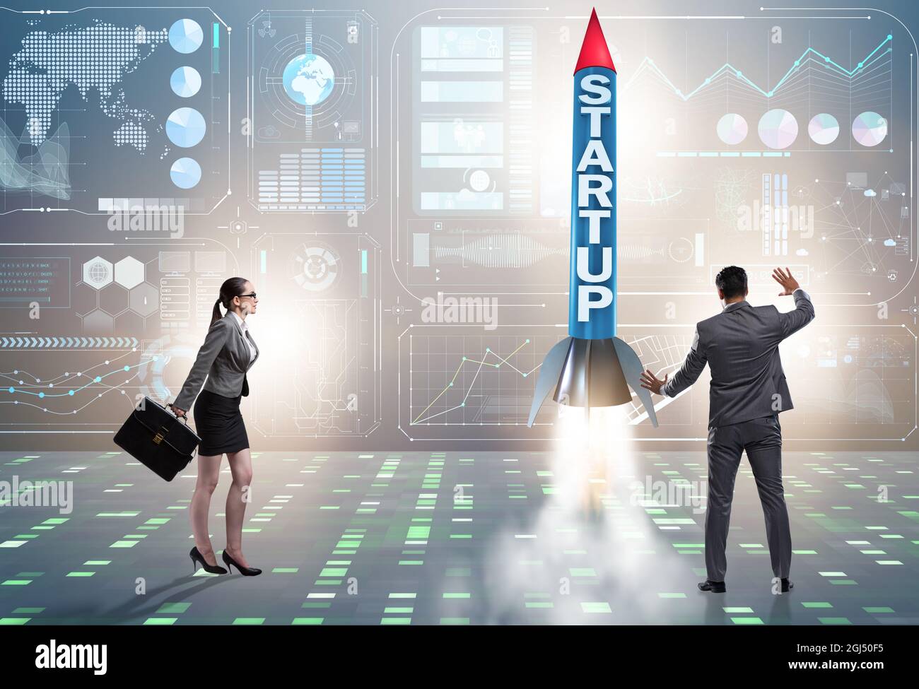 The start-up concept with rocket and businessman Stock Photo - Alamy