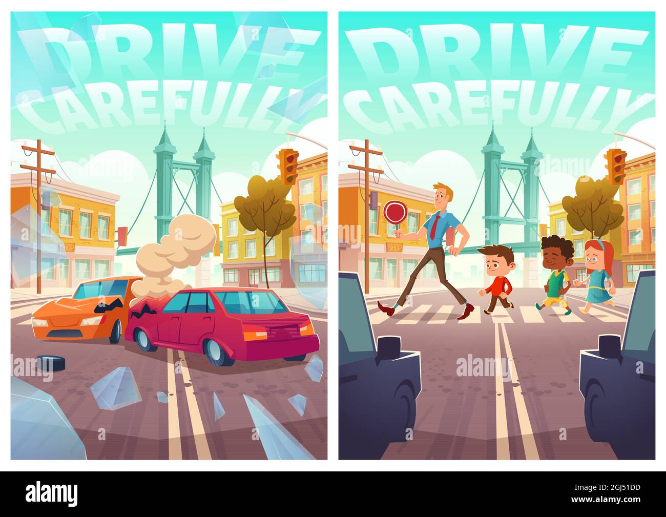 Drive carefully notification posters for driver, car accident on road and little children with teacher crossing zebra on city highway, automobile collision, urban traffic Cartoon vector illustration Stock Vector