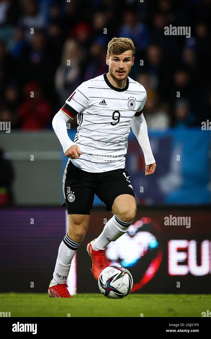Reykjavik, Iceland. 08th Sep, 2021. Football: World Cup qualifying, Iceland - Germany, Group stage, Group J, Matchday 6 at Laugardalsvöllur stadium. Timo Werner from Germany is playing the ball. Credit: Christian Charisius/dpa/Alamy Live News Stock Photo