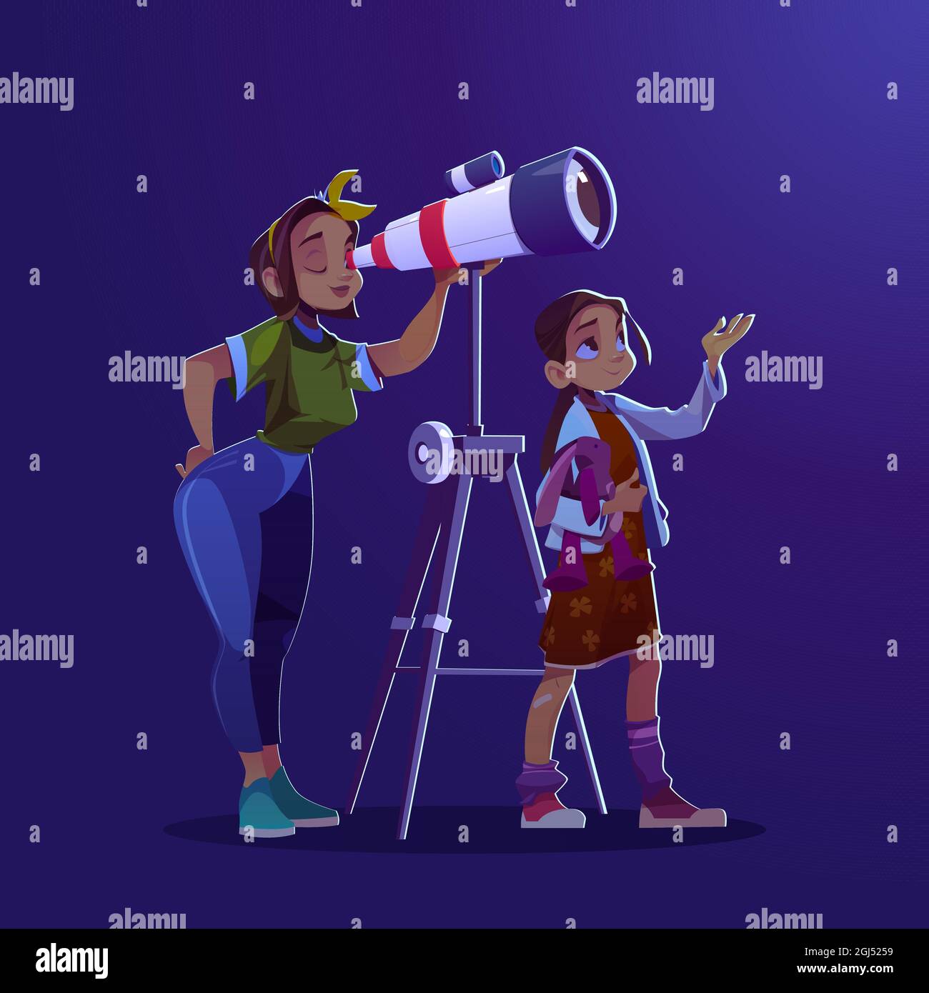 Girl and woman looking through telescope. Concept of astronomy education, cosmos exploration and discovery. Vector cartoon illustration of mother and daughter watching stars and planets Stock Vector