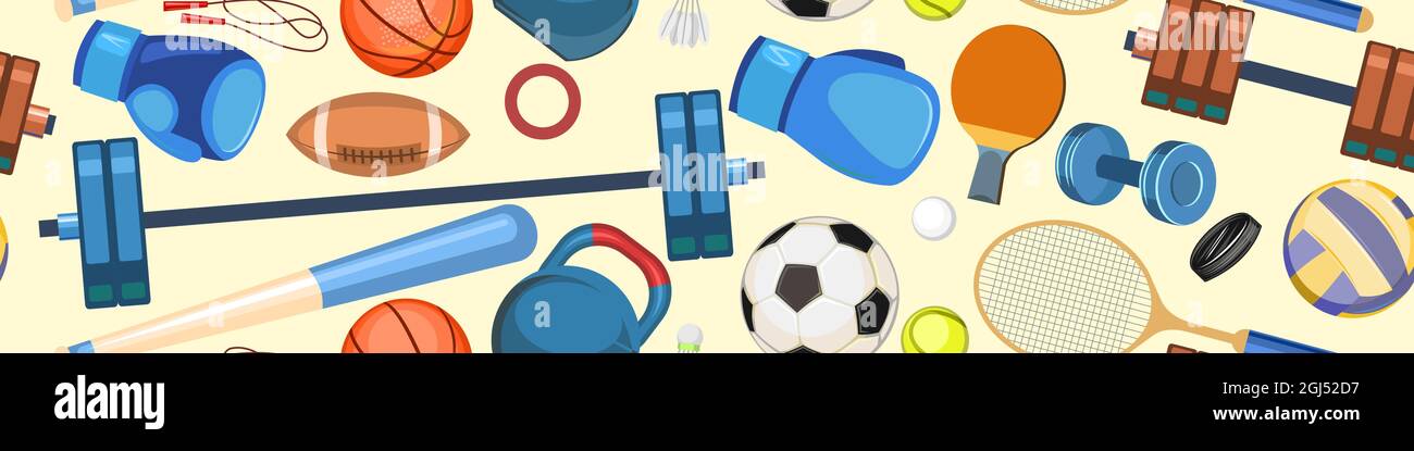 Sports Tools Graphics Sports equipment for athletes. Horizontal seamless pattern. Set of ...