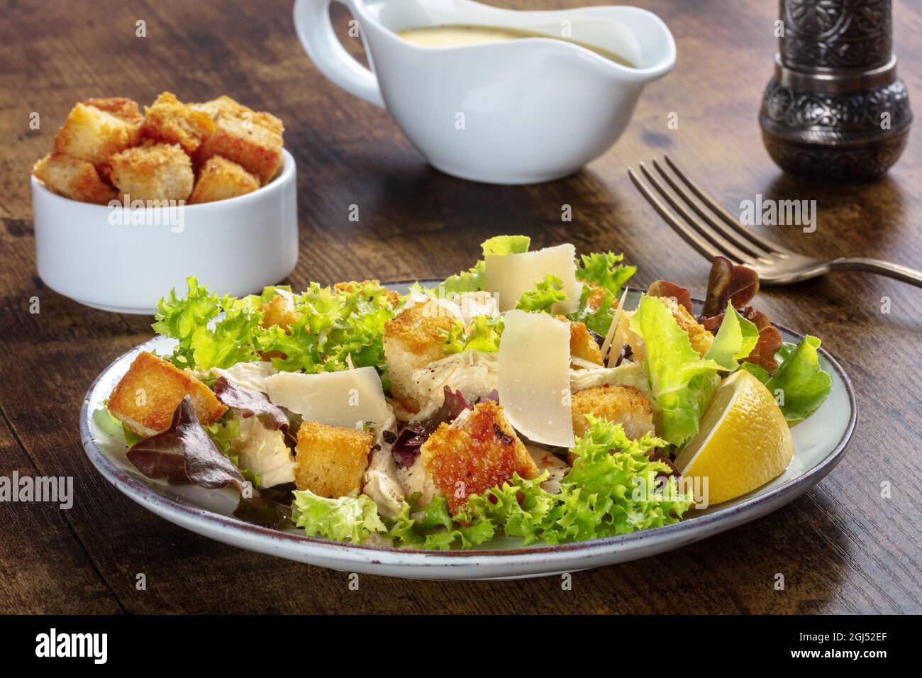 Chicken Caesar salad with the classic mayonnaise based sauce, croutons