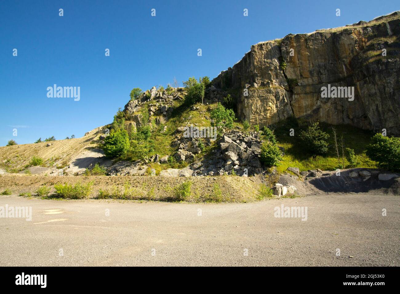 Abandoned quarry rock face in Crich, Derbyshire, UK Stock Photo
