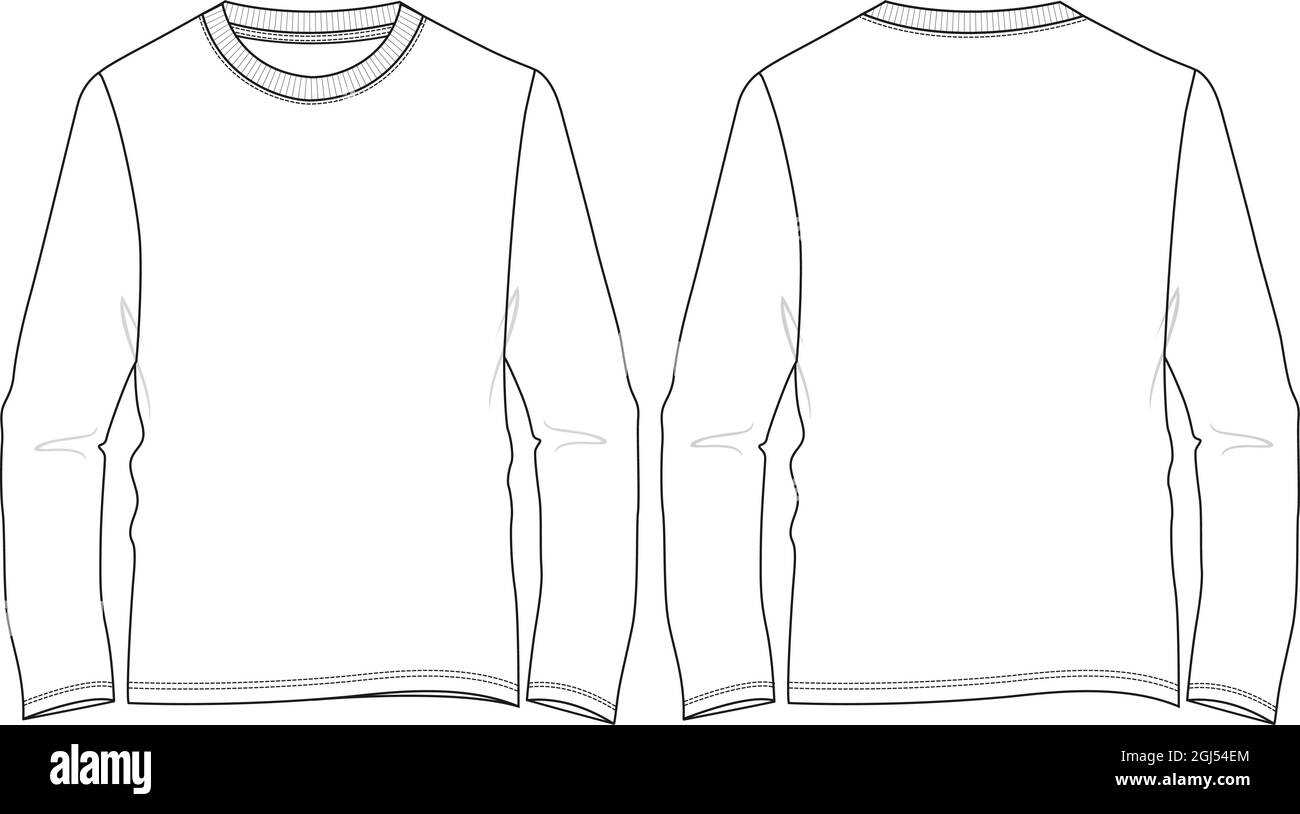 Long sleeve round neck t shirt overall technical fashion flat sketch vector illustration template front and back views isolated on white background. Stock Vector