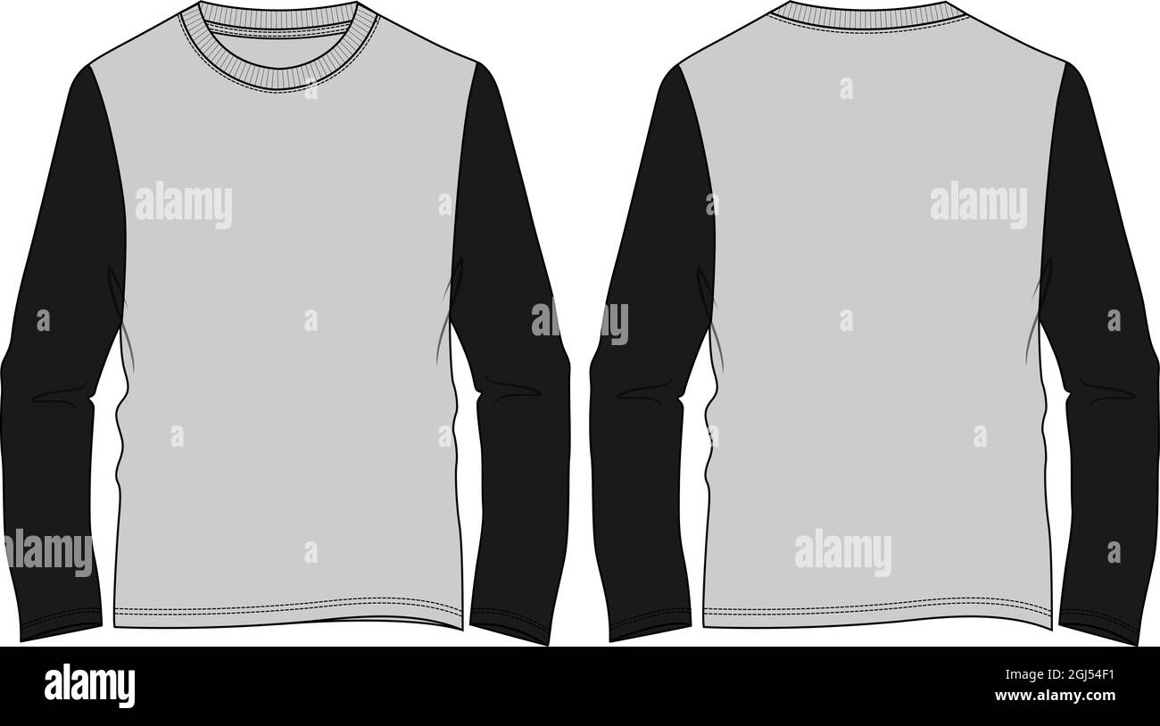 Long sleeve round neck Two tone black and grey t shirt overall technical fashion flat sketch vector illustration template front and back views. Stock Vector