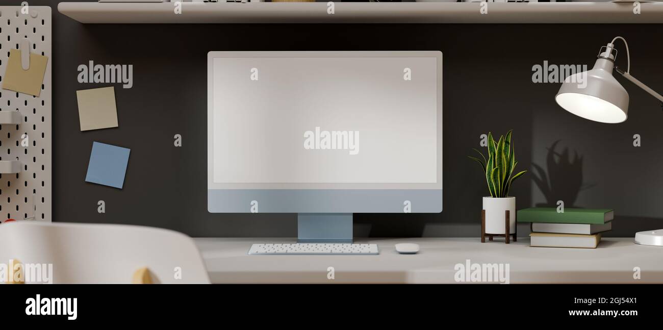 Close up view of modern minimal workspace with baby blue desktop