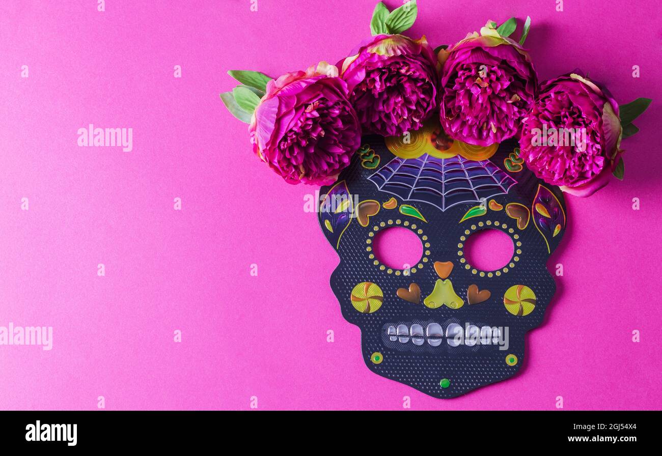 Black carnival mask holiday dia de Muertos on pink background with flowers, copying text, flat layout, minimalism Stock Photo