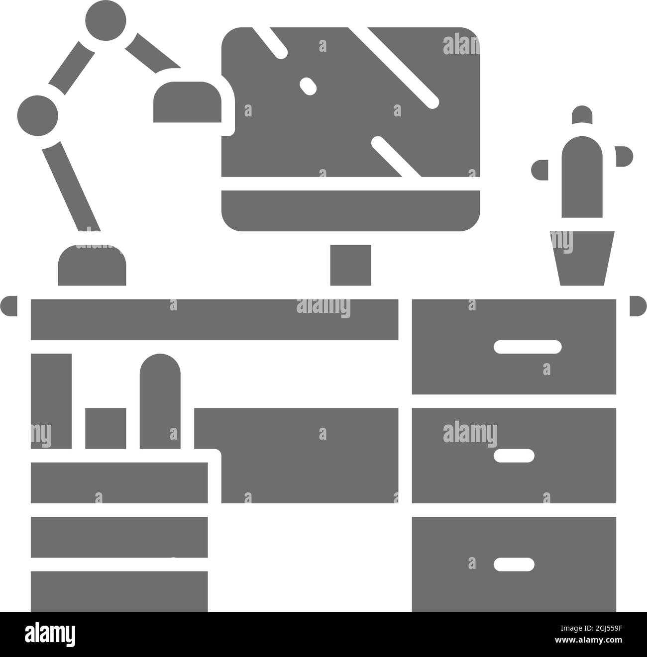 Workplace, desk with computer and lamp grey icon. Stock Vector
