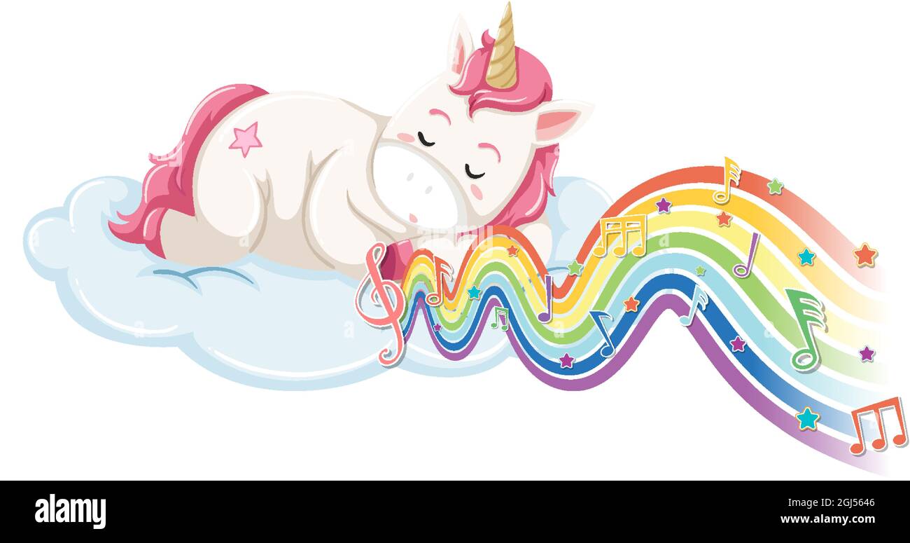 Unicorn sleeping on the cloud with melody symbols on rainbow wave ...